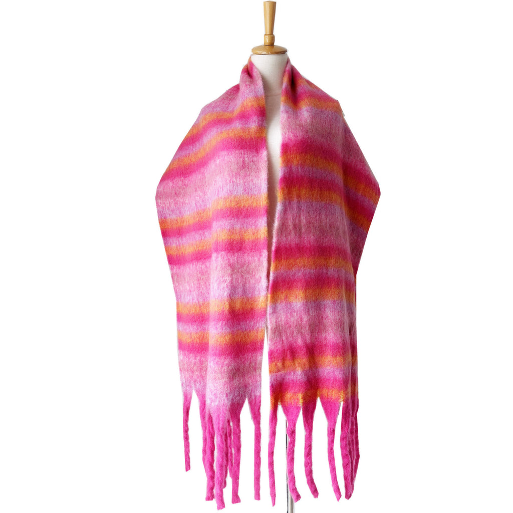 Brushed Multi Stripe Tassel Scarf - hot_pink - 1