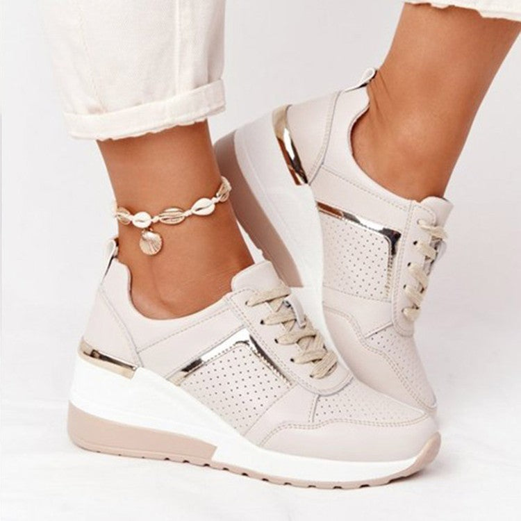 Hidden Wedge Lace Up Sneakers With Metallic Trim - Beige
