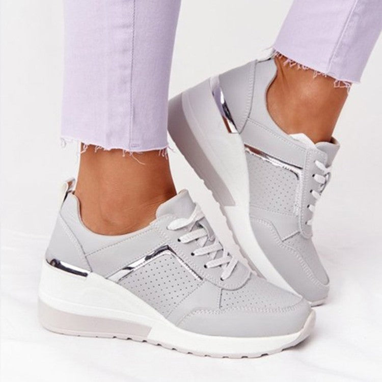 Hidden Wedge Lace Up Sneakers With Metallic Trim - Gray