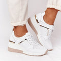 Hidden Wedge Lace Up Sneakers With Metallic Trim - White