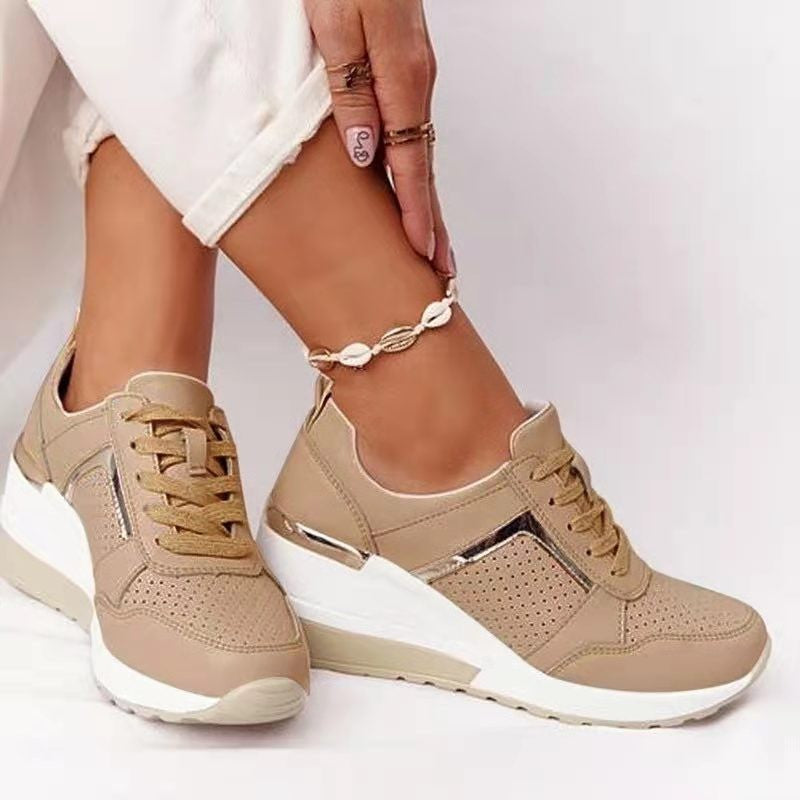 Hidden Wedge Lace Up Sneakers With Metallic Trim