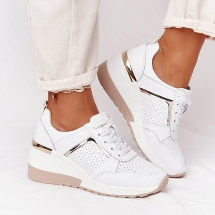 Hidden Wedge Lace Up Sneakers With Metallic Trim