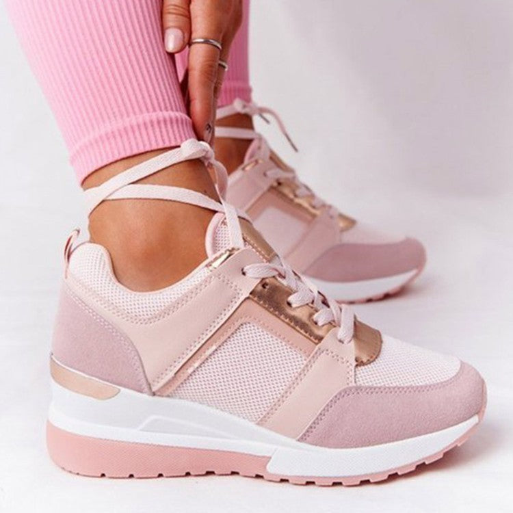 Hidden Wedge Lace Up Sneakers With Metallic Trim