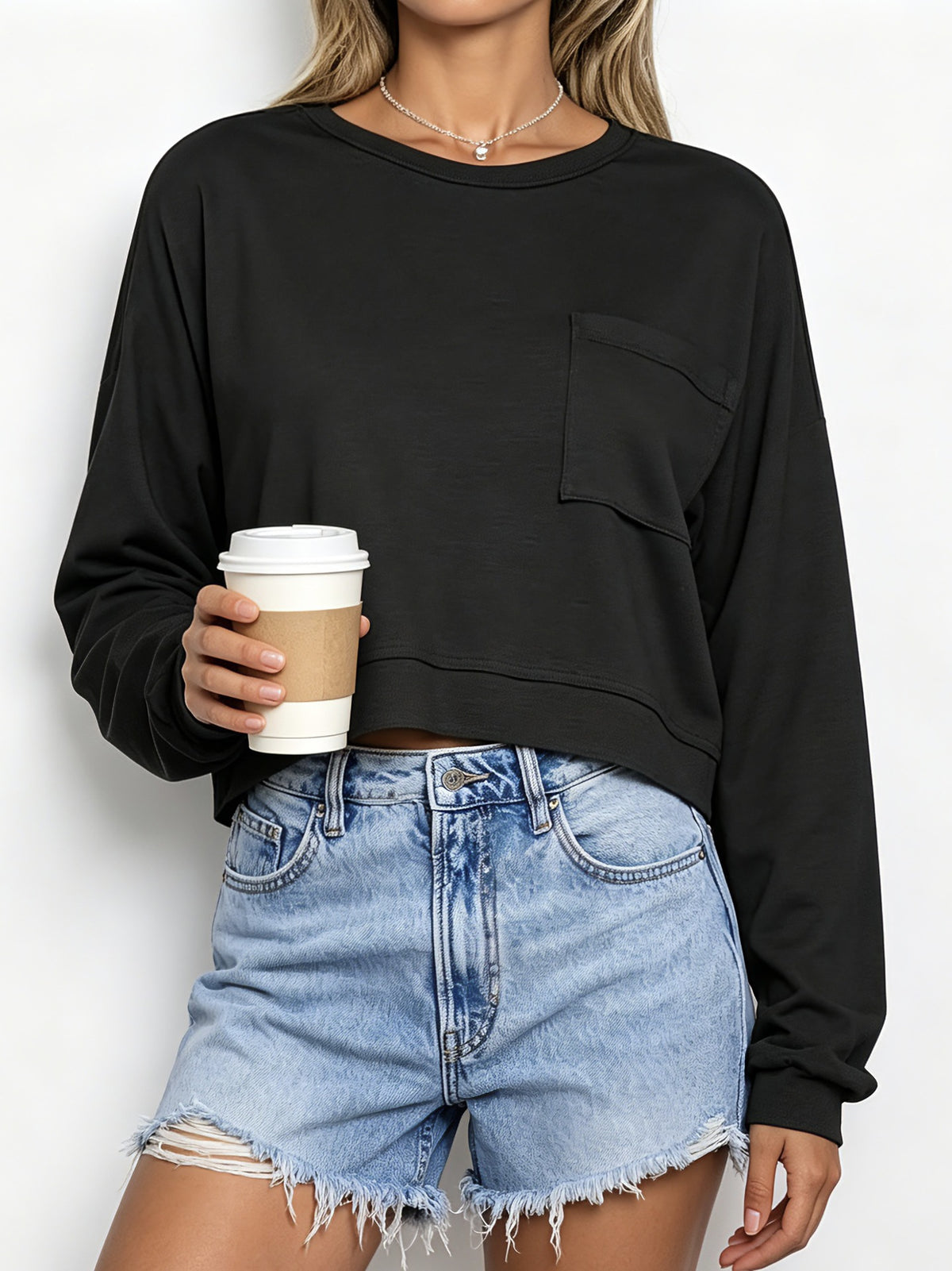 Boxy Cropped Pullover With Patch Pocket - Black