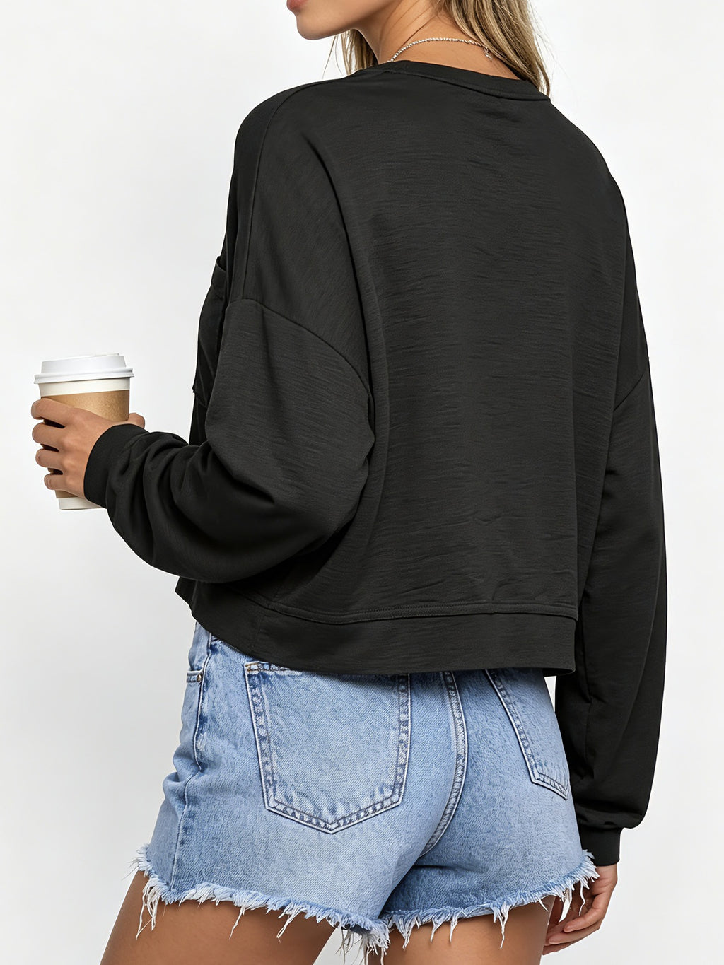 Boxy Cropped Pullover With Patch Pocket - Black - 1