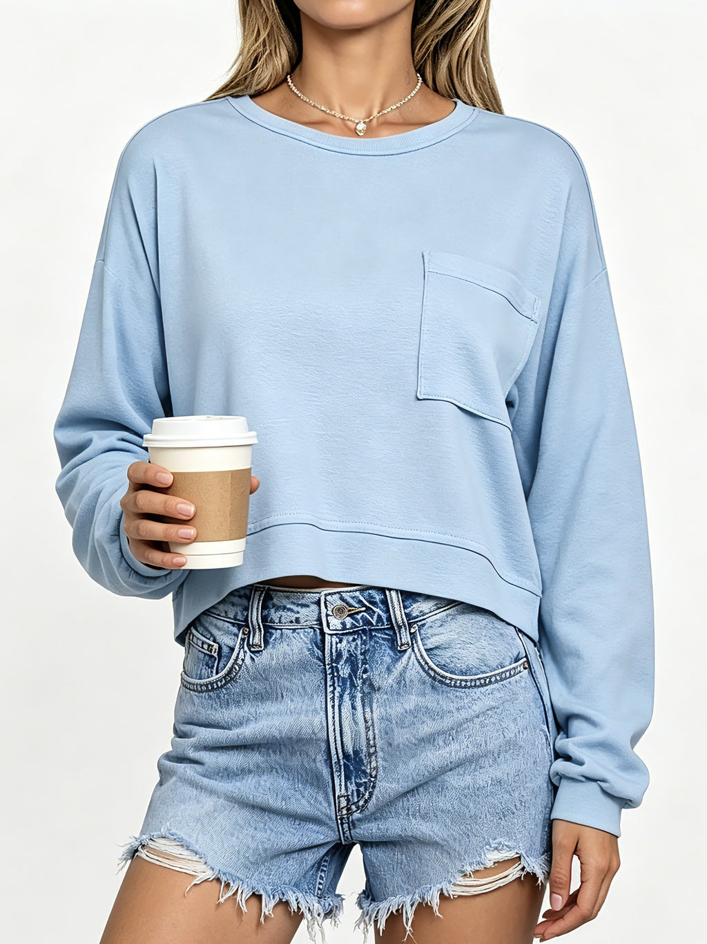Boxy Cropped Pullover With Patch Pocket - Blue