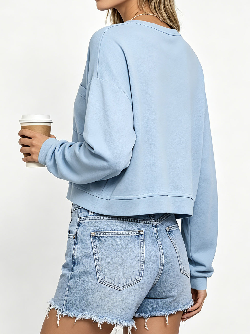 Boxy Cropped Pullover With Patch Pocket - Blue - 1