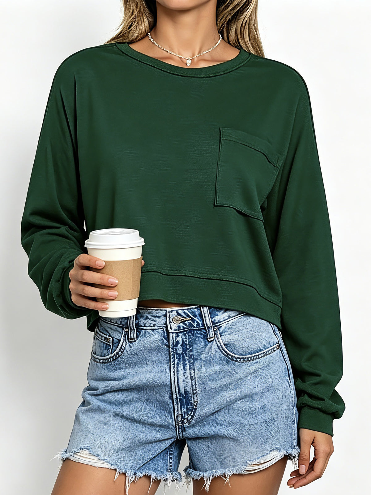 Boxy Cropped Pullover With Patch Pocket - DarkGreen