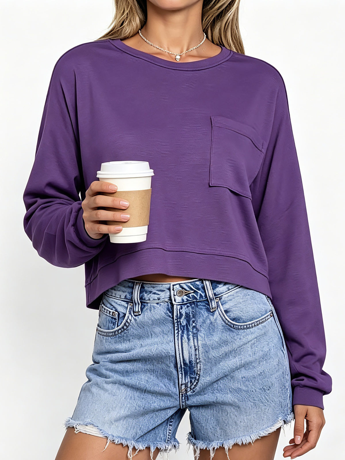 Boxy Cropped Pullover With Patch Pocket - DeepPurple