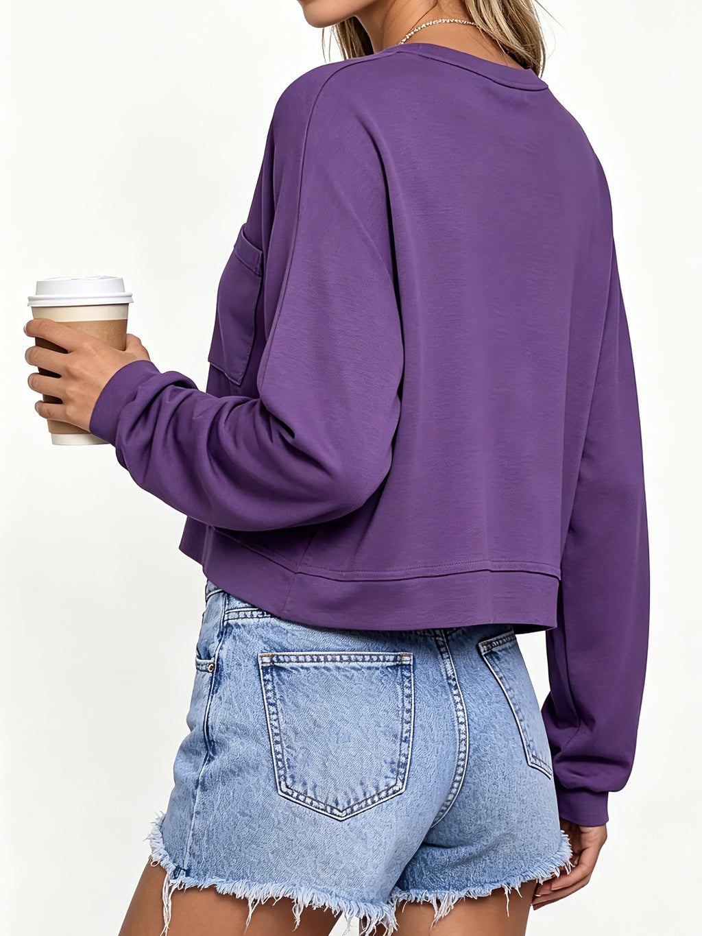 Boxy Cropped Pullover With Patch Pocket - DeepPurple - 1