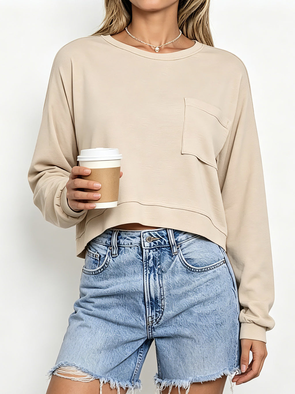 Boxy Cropped Pullover With Patch Pocket - Khaki