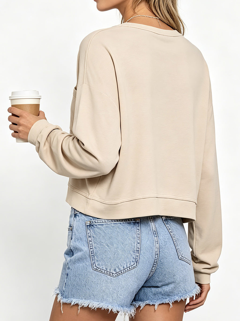 Boxy Cropped Pullover With Patch Pocket - Khaki - 1