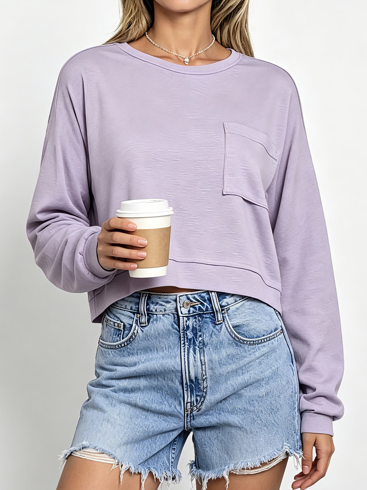 Boxy Cropped Pullover With Patch Pocket - LightPurple