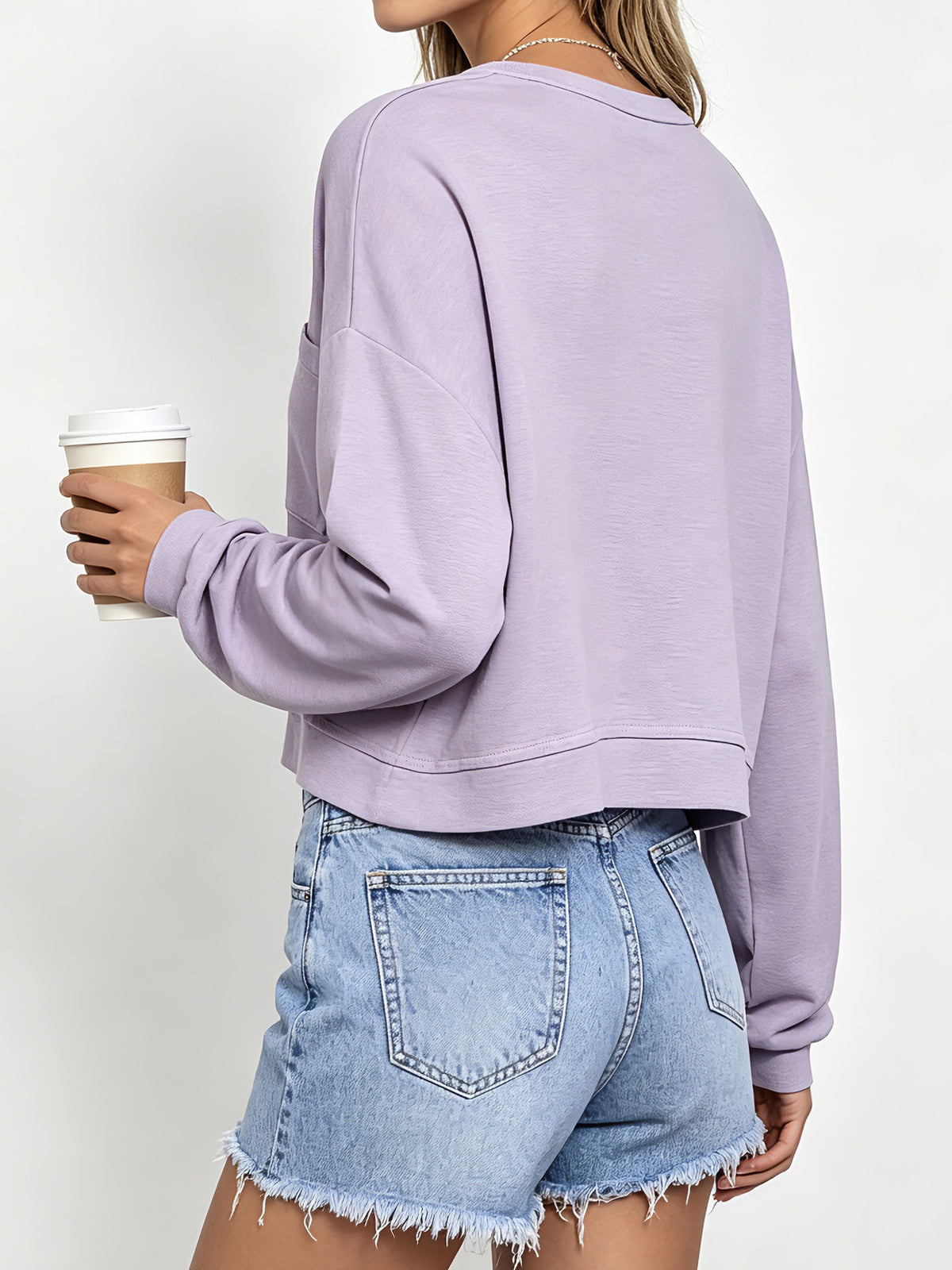 Boxy Cropped Pullover With Patch Pocket - LightPurple - 1