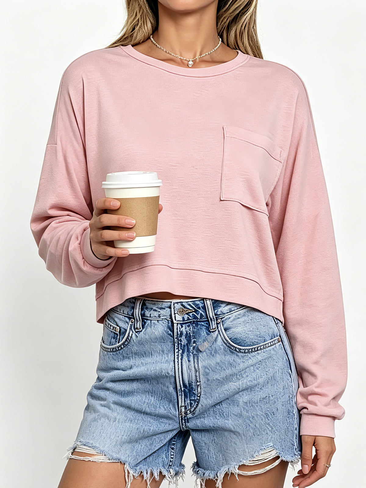 Boxy Cropped Pullover With Patch Pocket - Pink