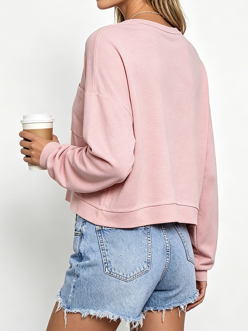 Boxy Cropped Pullover With Patch Pocket - Pink - 1