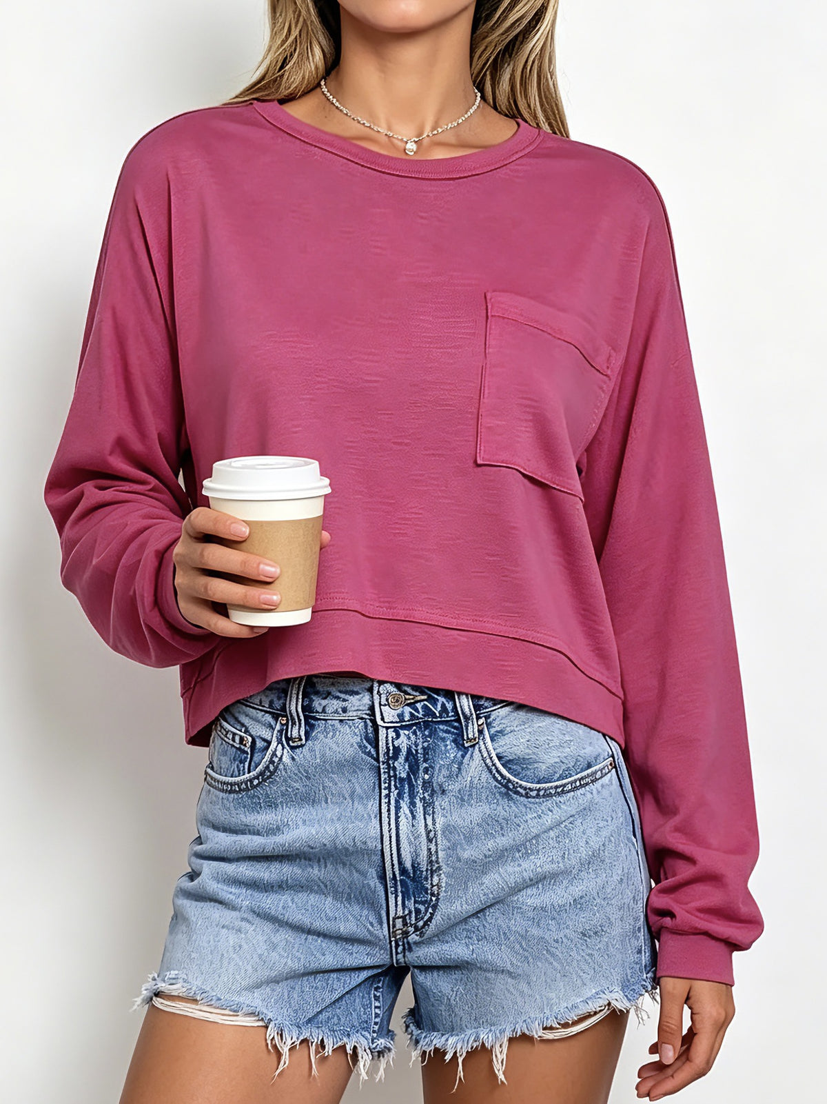 Boxy Cropped Pullover With Patch Pocket - Rose