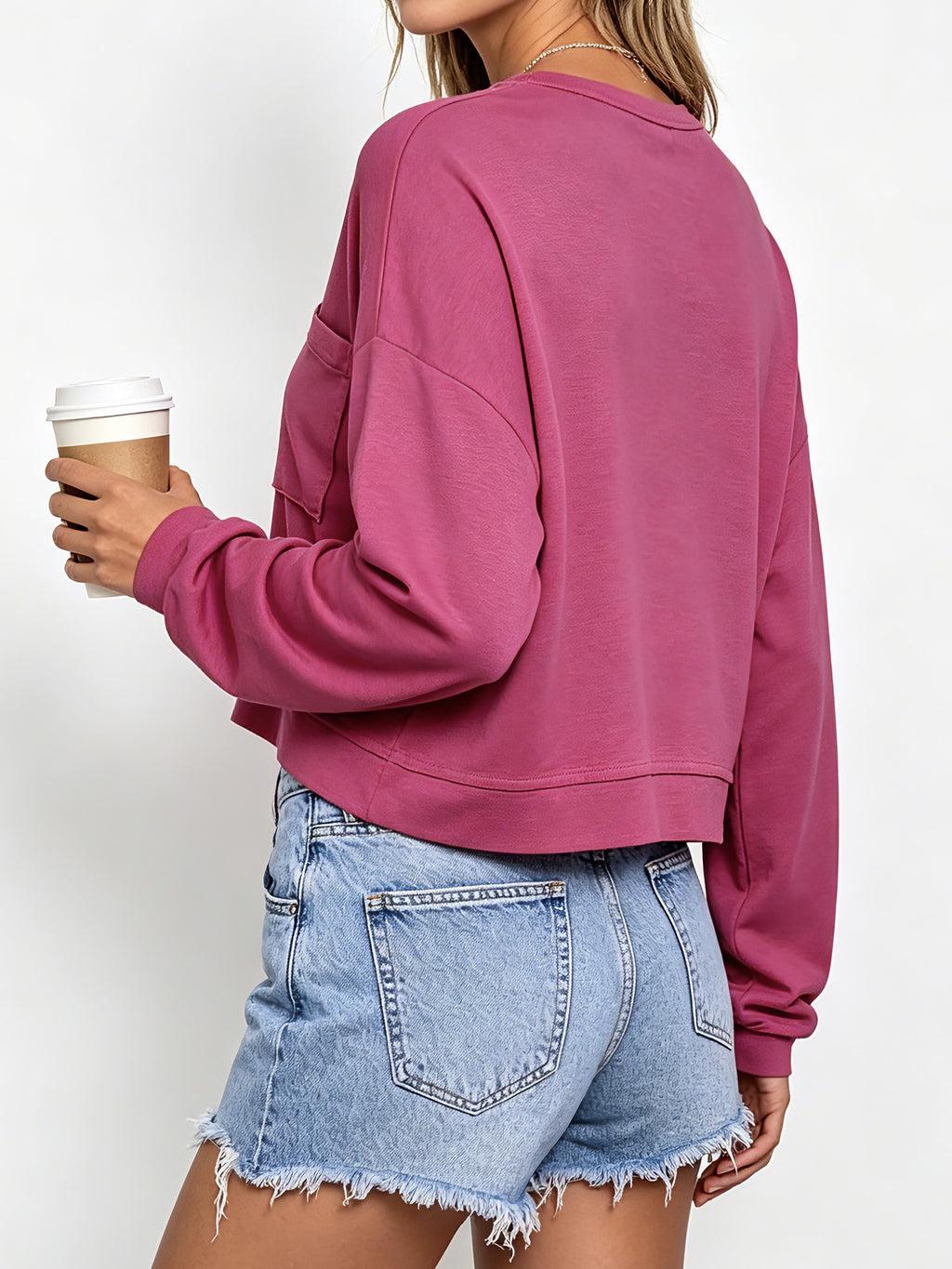 Boxy Cropped Pullover With Patch Pocket - Rose - 1