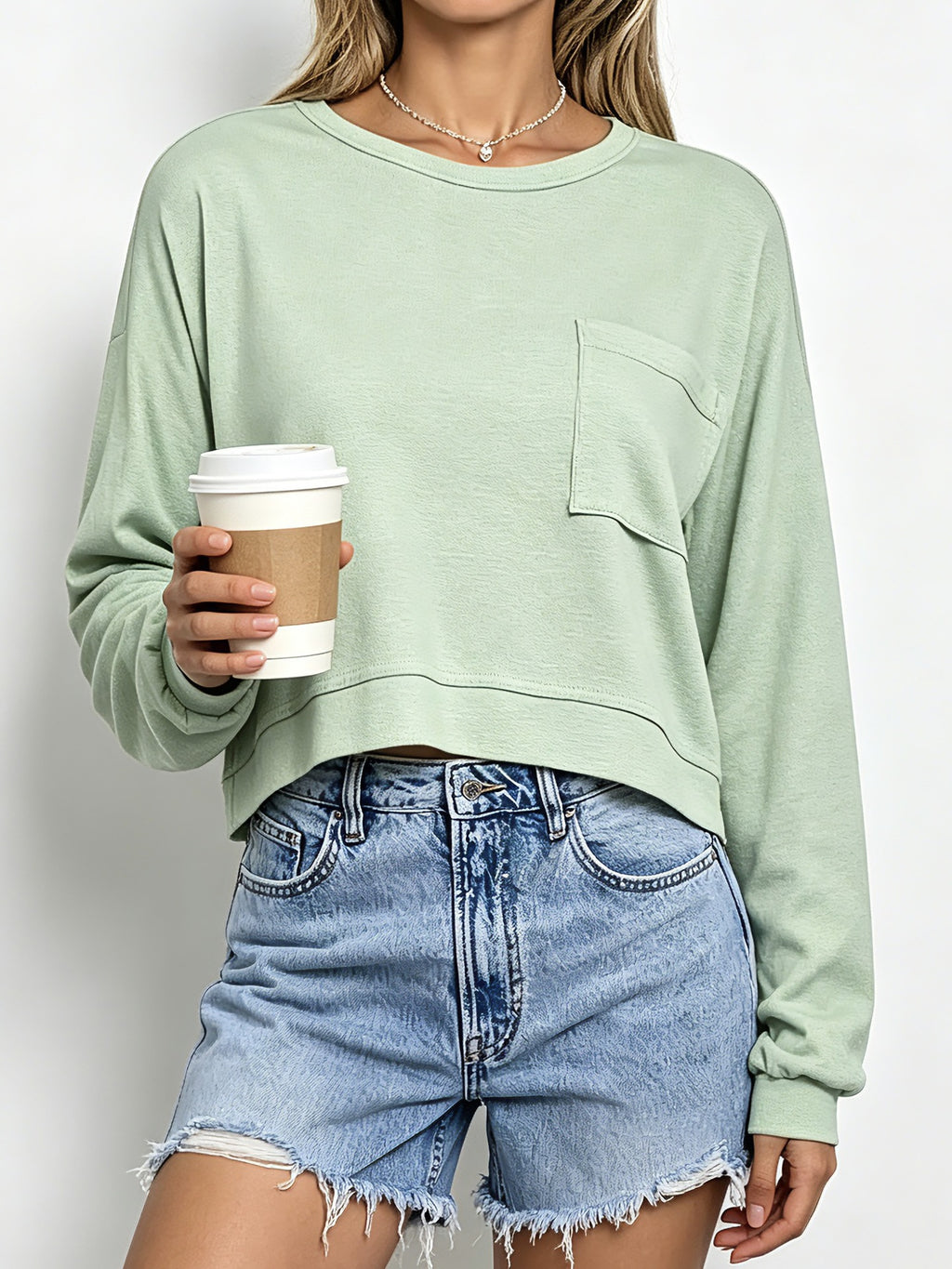 Boxy Cropped Pullover With Patch Pocket - Turquoise