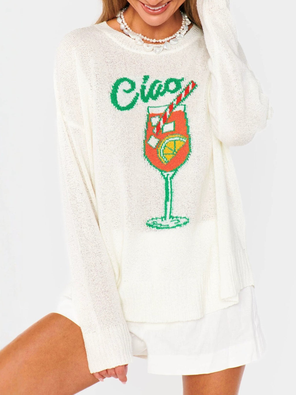 Cocktail Graphic Oversized Knit Sweater - OffWhite - 2