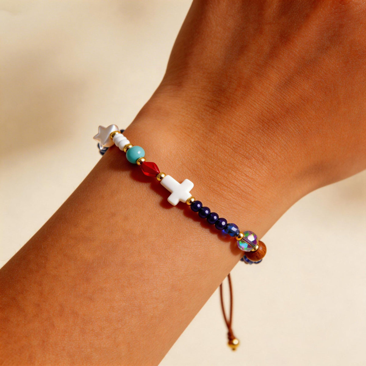 Adjustable Beaded Woven Cord Charm Bracelet