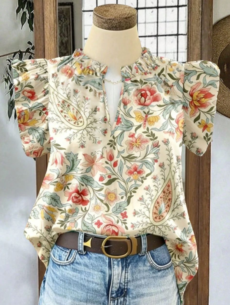 Paisley Floral Blouse With Ruffled Cap Sleeves - Floral