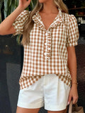 Gingham Plaid Puff Sleeve Ruffle Blouse - Khaki