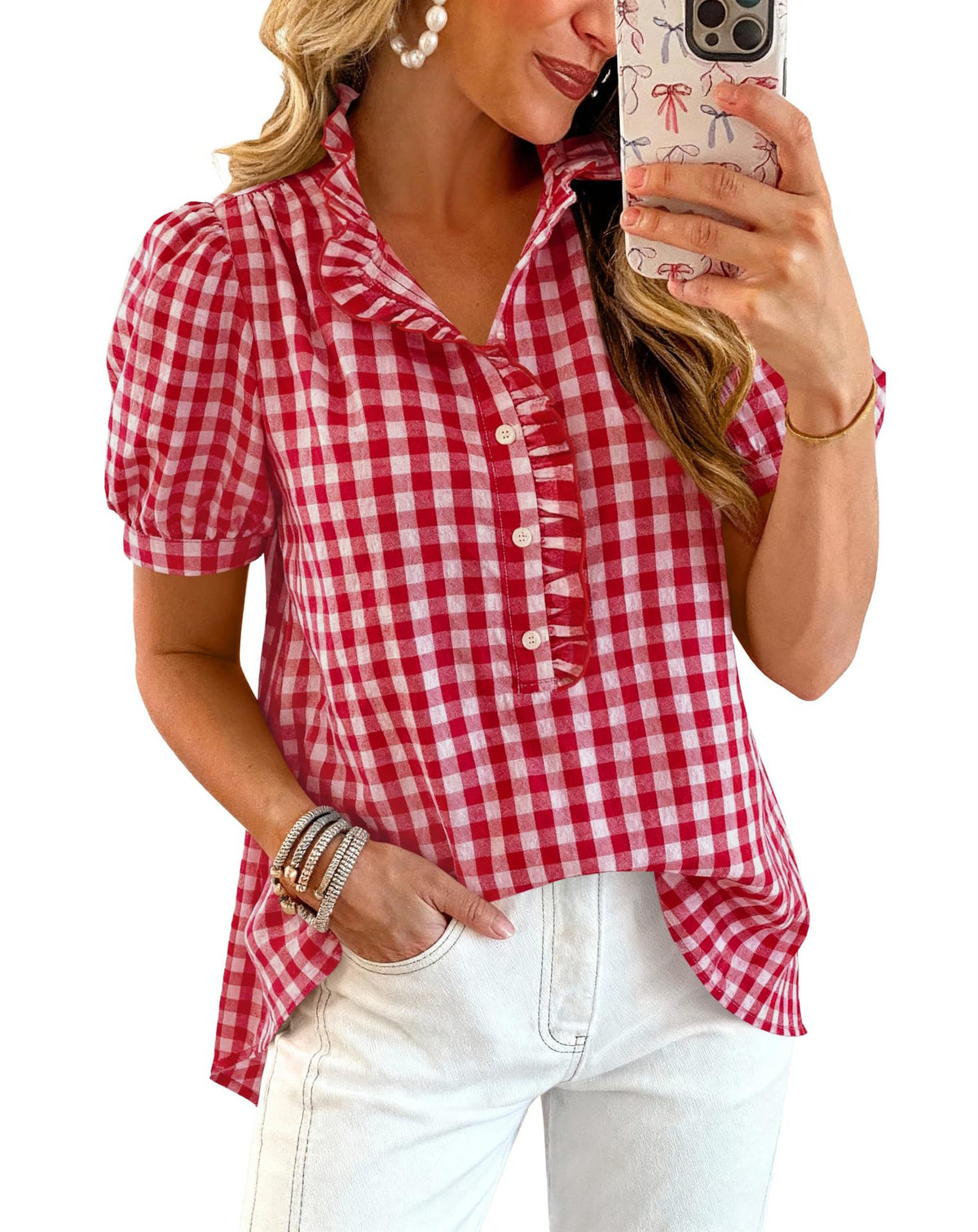 Gingham Plaid Puff Sleeve Ruffle Blouse - Red