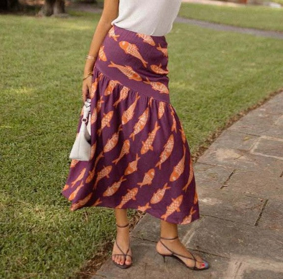 Novelty Print Yoked A-Line Vacation Skirt - Purple - 1