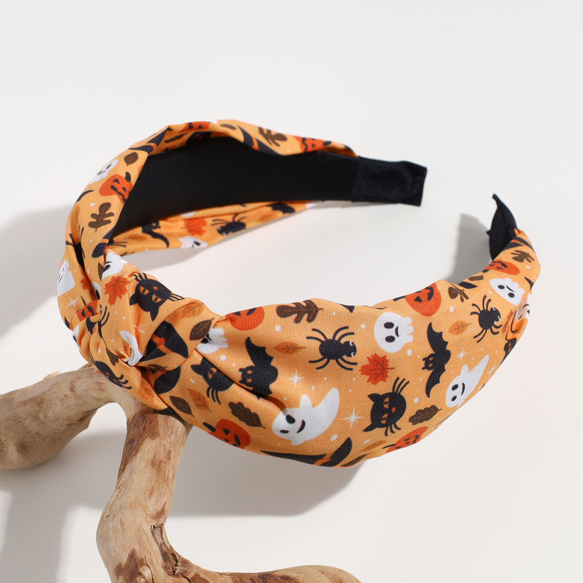Wide Knotted Headband With Halloween Print - Orange