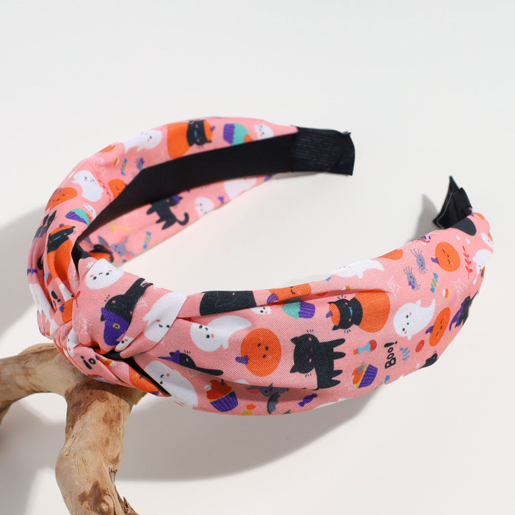 Wide Knotted Headband With Halloween Print - Pink