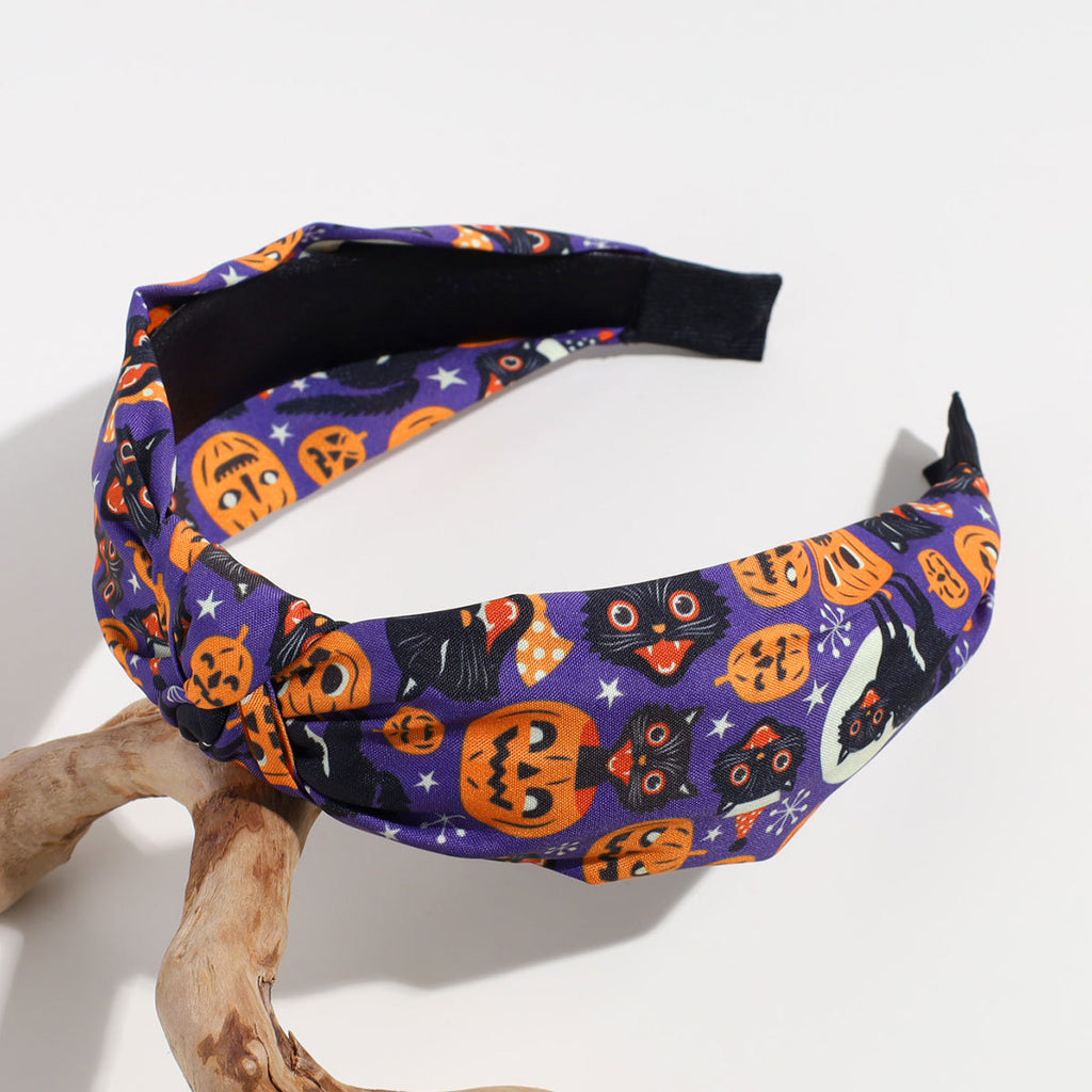 Wide Knotted Headband With Halloween Print - Purple