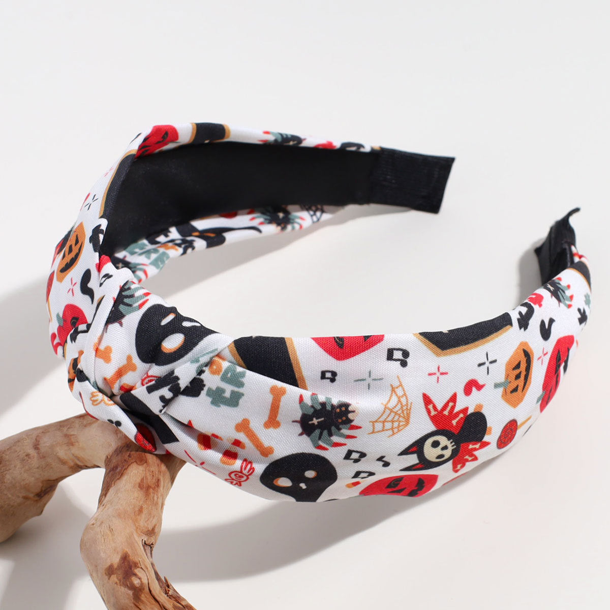 Wide Knotted Headband With Halloween Print - White