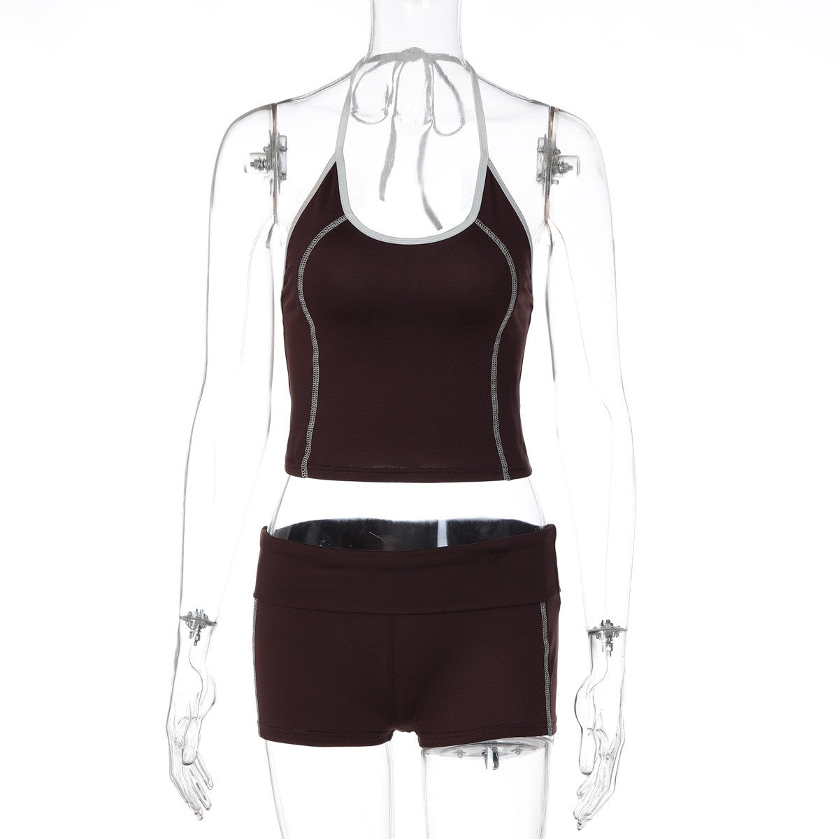 Contrast Piped Halter Crop Top and Shorts Yoga Set - Chocolate Brown