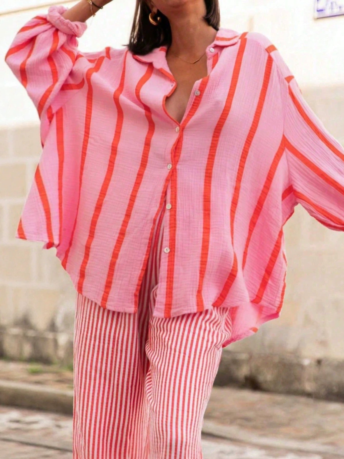 Oversized Vertical Stripe Button Up Blouse - PinkRed