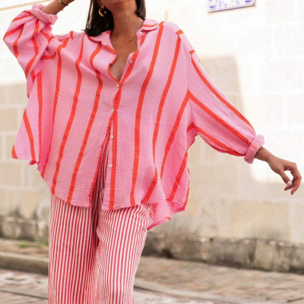 Oversized Vertical Stripe Button Up Blouse - PinkRed - 1