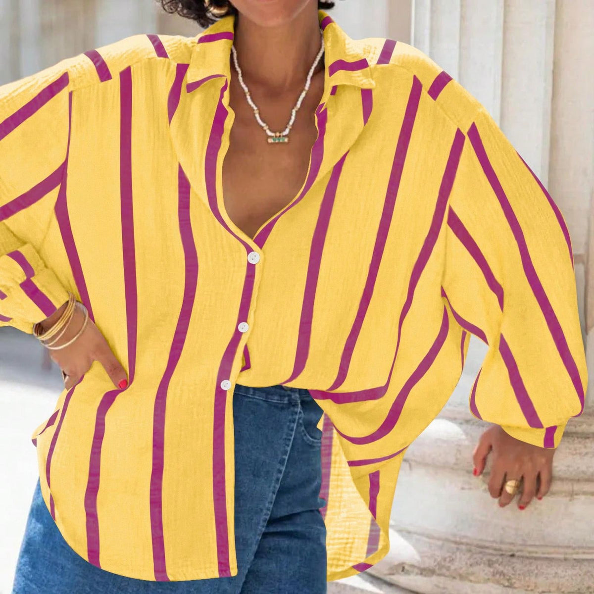 Oversized Vertical Stripe Button Up Blouse - YellowPurple