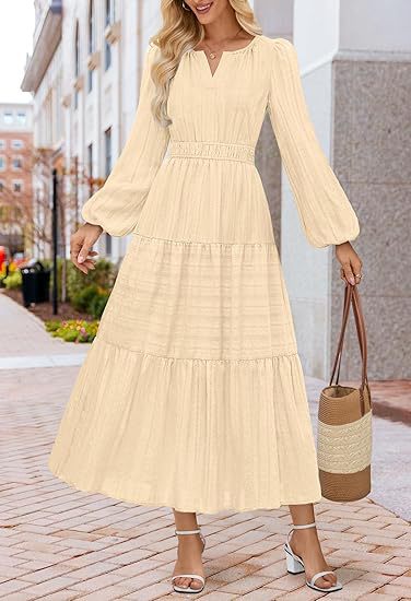 Tiered Maxi Dress With Bishop Sleeves - Beige