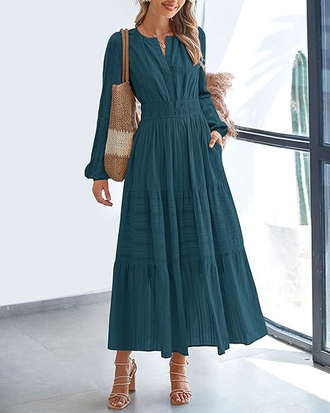 Tiered Maxi Dress With Bishop Sleeves - Blue