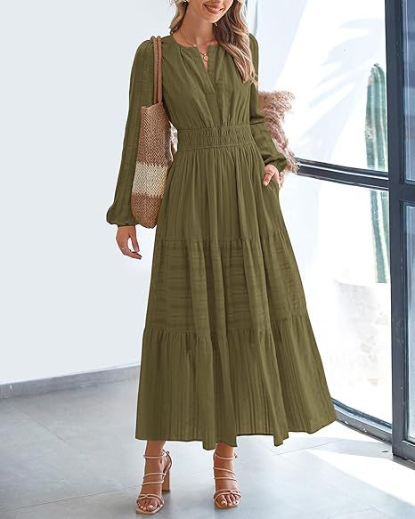 Tiered Maxi Dress With Bishop Sleeves - Green