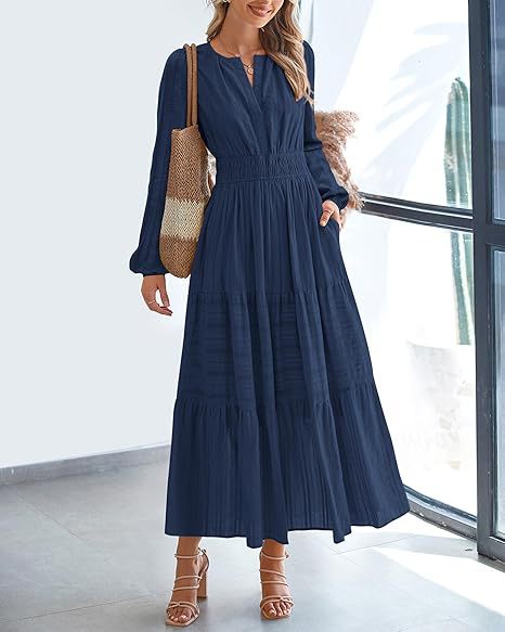 Tiered Maxi Dress With Bishop Sleeves - NavyBlue
