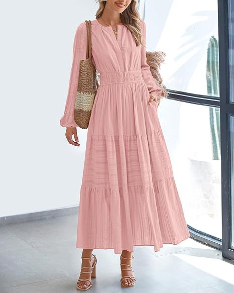 Tiered Maxi Dress With Bishop Sleeves - Pink