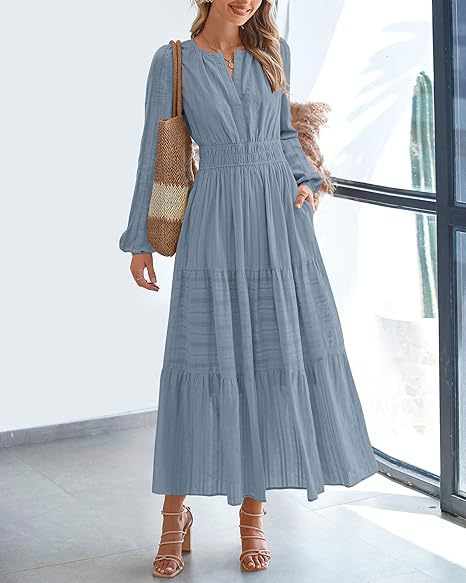 Tiered Maxi Dress With Bishop Sleeves - SeaBlue