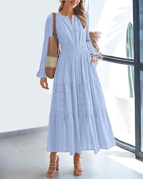 Tiered Maxi Dress With Bishop Sleeves - SkyBlue