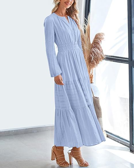 Tiered Maxi Dress With Bishop Sleeves - SkyBlue - 1