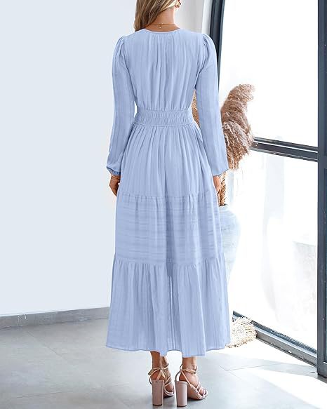 Tiered Maxi Dress With Bishop Sleeves - SkyBlue - 2