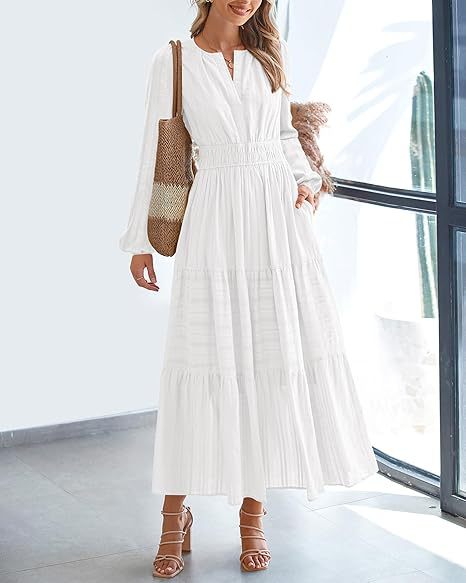 Tiered Maxi Dress With Bishop Sleeves - White