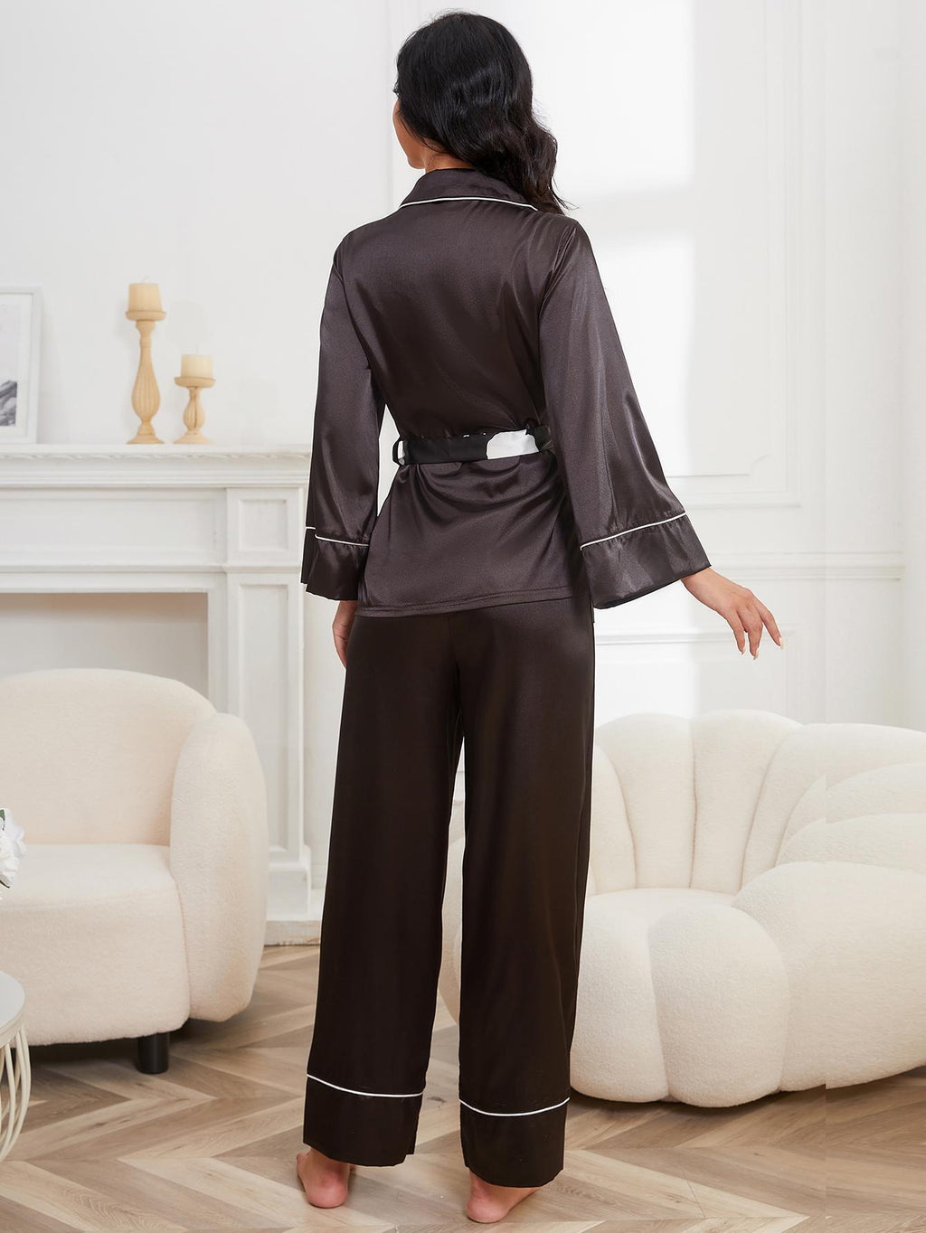 Satin Piped Wrap Top Pyjama Set - Black - 5