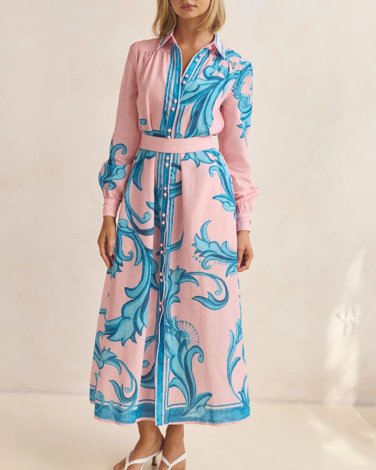 Scroll Print Belted Maxi Shirt Dress - Pink