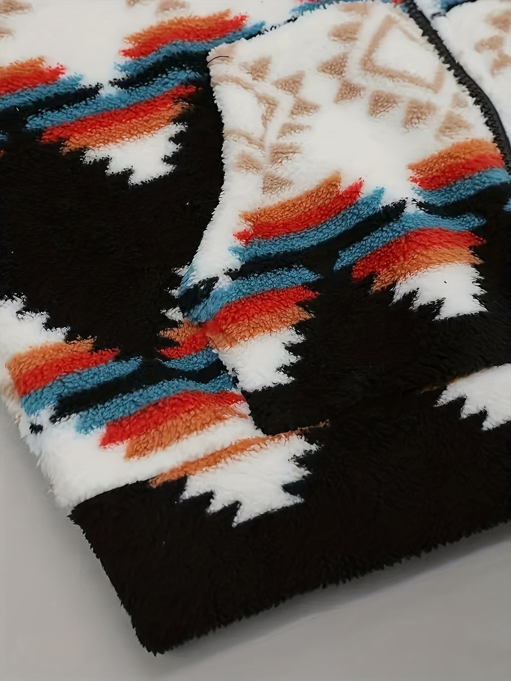 Aztec Print Sherpa Zip Hooded Jacket - White - 3